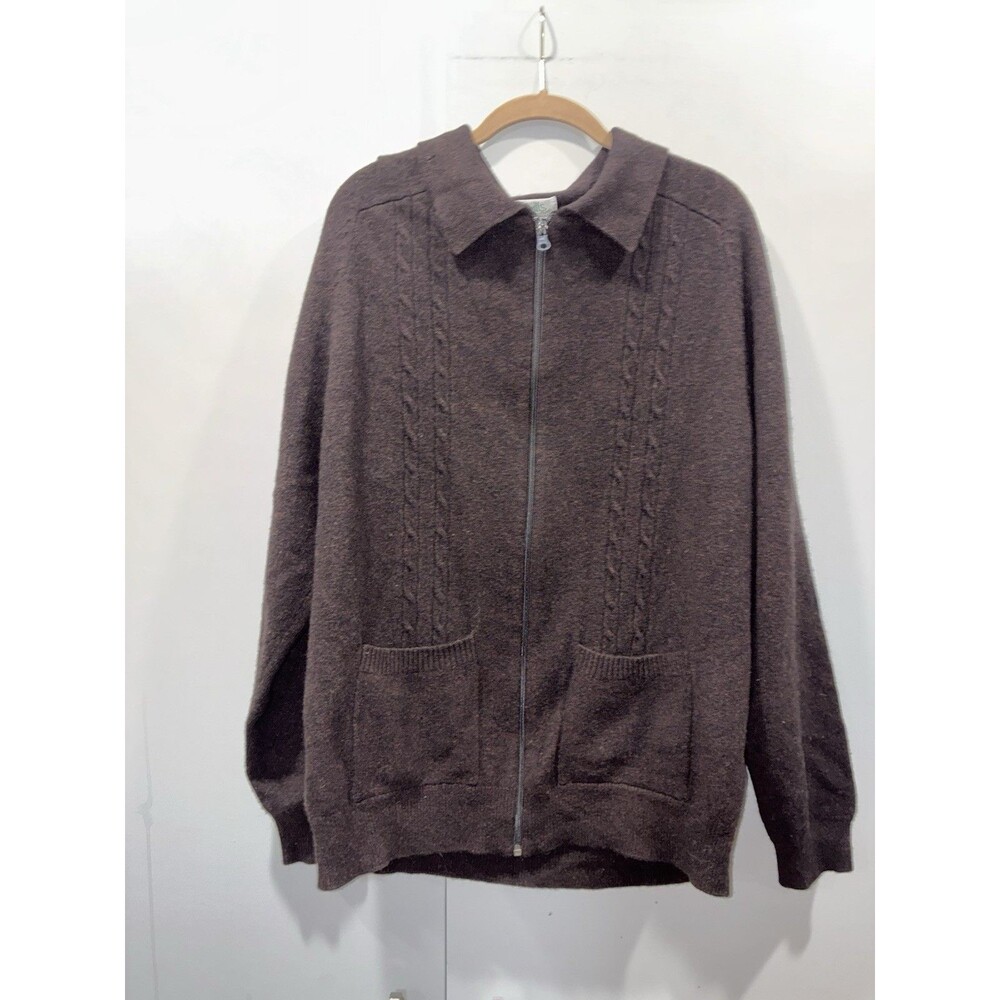 Quills Ireland 100% Lambswool Full Zip Cardigan Sweater Brown XL Cable Knit Cozy
